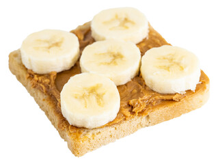 toast with peanut butter and banana isolated on white background