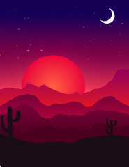 sunset in the mountains with mon and stars on the sky
desert with cactus plants