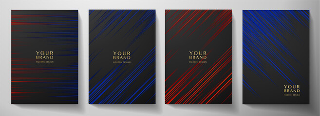 Modern black, blue, red diagonal stripe cover design set. Luxury creative dynamic line pattern. Formal premium vector background for business brochure, poster, notebook, menu template 