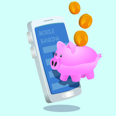 piggy bank in front of mobile banking smartphone screen. mobile banking system vector illustration. 3d, three dimentional drawing cartoon style toy like illustration