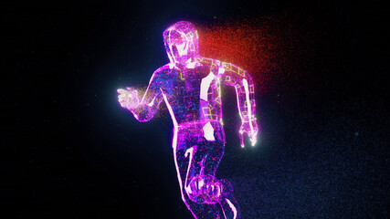 Abstract Running cyber man with purple particles. High quality photo