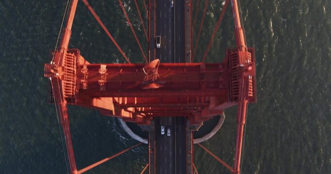 Overhead Top View to Tilt Up of Golden Gate Bridge in San Francisco
