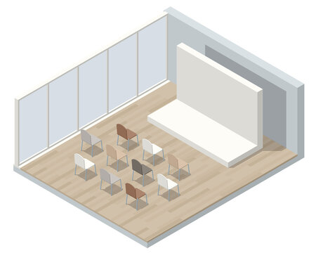 Isometric lecture hall, lecture audience. An empty large lecture room or University classroom with chairs isolated on white.