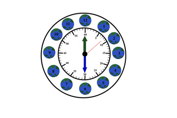 Round clock with earth decoration.