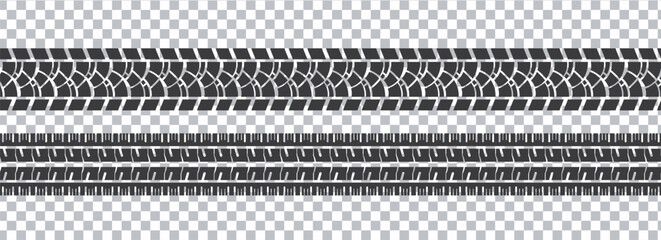 Set of seamless car tire tracks isolated on transparent background, seamless vector texture