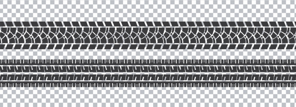 Set of seamless car tire tracks isolated on transparent background, seamless vector texture