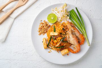 Pad Thai with River Prawns,Fried noodle Thai style with Giant freshwater shrimp.Top view