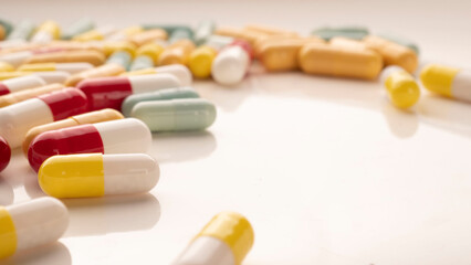 Pills. Capsules. Vitamins. Colored pills. A bunch of tablet pills