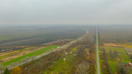 Aerial view of traffic near houses, weekend resort