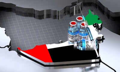 Covid-19 / SARS-CoV-2  / coronavirus vaccination in United Arab Emirates - country shape, ampoules, syringe - 3D illustration