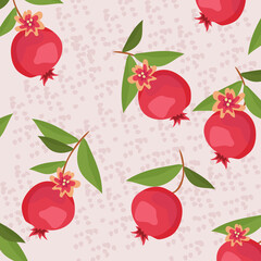 Vector seamless pattern with pomegranate fruits and seeds on pink background. Design for cosmetics, spa, pomegranate juice, health care products, perfume. Best for textile or wrapping paper
