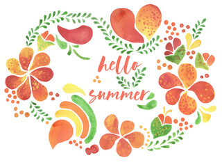 Ellips frame with red petals, flowers and hello summer inscription. Watercolor illustration