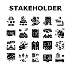 Stakeholder Business Collection Icons Set Vector. Stakeholder Meeting With Investor And Trade Union, Credit And Dividends, Stock And Bidding Glyph Pictograms Black Illustrations