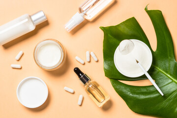 Collagen product. Anti-age cosmetic. Collagen powder, pills, cream with collagen and tonic. Healthcare, skincare product.