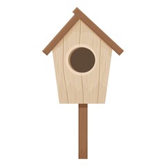 Wooden birdhouse, place for nest, empty decoration in cartoon flat style textured object isolated on white background. Springtime decoration, hanging home. 