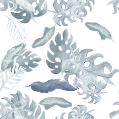 Black Seamless Monstera. Gray Watercolor Leaves. White Pattern Design. Tropical Set Floral Design. Summer Set Nature Design. Vintage Monstera.