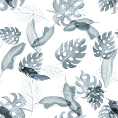 Black Seamless Palm. White Watercolor Palm. Blue Pattern Background. Tropical Print Floral Decor. Summer Print Nature Textile. Gray Vintage Leaf.