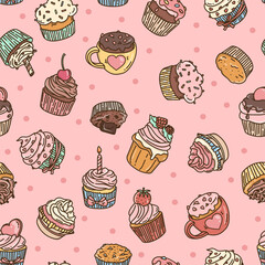 Seamless pattern with doodle-style cupcakes. Different cupcakes with different fillings and toppings. Colorful vector illustration on pink background.