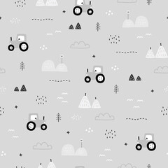 Fototapeta na wymiar Seamless pattern Farm background with tractor and haystack Hand drawn design in cartoon style and with black and white tone. Used for print, wallpaper, baby clothes, fashion. Vector illustration