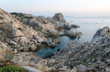 italian seaside capotesta rocks and sunset Sardinia. Landscape with sea and rocks.