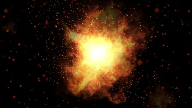 A raging flame with flying fire particles on a black background. Close-up. Background decoration. 3d illustration.