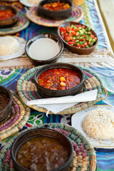 Arabic Cuisine. Traditional Egyptian food. Egyptian oriental dinner meat with red sauce and salad. African food.