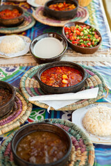Arabic Cuisine. Traditional Egyptian food. Egyptian oriental dinner meat with red sauce and salad. African food.