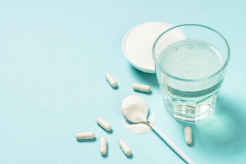 Collagen powder, pills and drink. Dietary supplement for improving skin, hair, nails and joints.