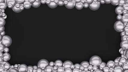 Silver colored metallic balls border on frame with black background. Place for custom text in middle, usable as greeting. 3D render