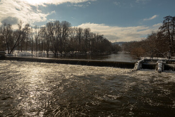 Saale river dam in jena paradise at a sunny day in winter 2021