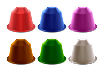 Collection of varian coffee capsules premium metalic, alumunium packaging, isolated on white background, Closeup back view with details.