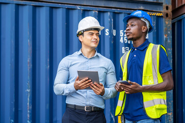 Port manager and engineer while standing by freight containers on a large commercial dock discussing shipping logistics together