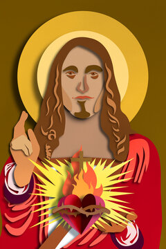 Sacred Heart of Jesus Christ paper cut technique on yellow back ground,christian concept art,church and pray.
