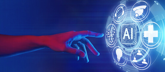 artificial intelligence (AI), machine learning computer technologies concept, hand touching ai icon, horizontal banner