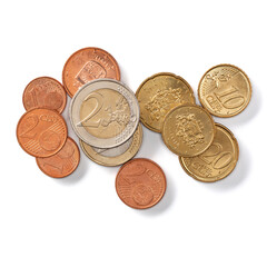 Euro coins isolated on white background closeup. Money concept. Top view, flat lay.