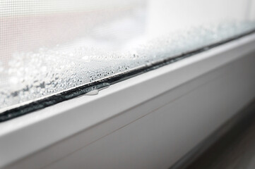Close-up of condensation on PVC window in winter, white plastic window with mosquito net