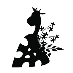 Composition of tropical plants and giraffe head. Black silhouette. Vector illustration.