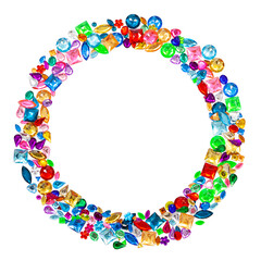 Artistic Gems Gemstones circle composition. Creative layout made of multi colored glass gems isolated on white background. Minimal concept