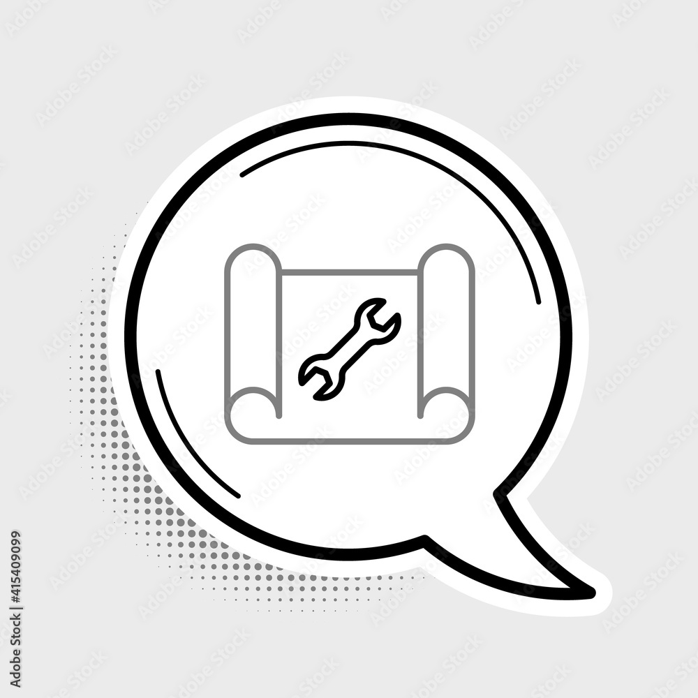 Poster line graphing paper for engineering and wrench icon isolated on grey background. colorful outline co