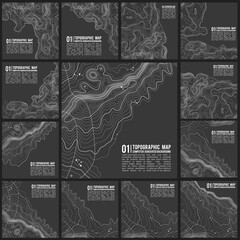 Grey contours vector topography. Geographic mountain topography vector illustration. Topographic pattern texture. Map on land vector terrain. Elevation graphic contour height lines. Vector Set. - obrazy, fototapety, plakaty