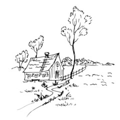 Rural house with a fence and a tree. Vector illustration.