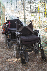 Obraz premium Two empty wheelchairs in front of each other on the beach on a sunny day. Flower on the background.