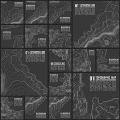 Grey contours vector topography. Geographic mountain topography vector illustration. Topographic pattern texture. Map on land vector terrain. Elevation graphic contour height lines. Vector Set.