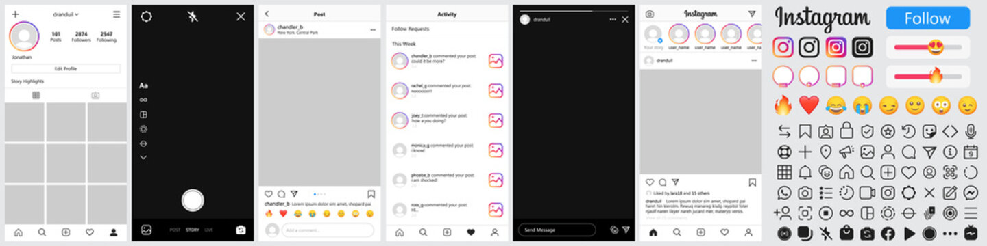 Set of Instagram icons and Instagram template frame for social media