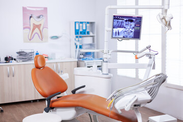 Radiography of patient jaw on screen display in dentist office. Stomatology equipment in dental...
