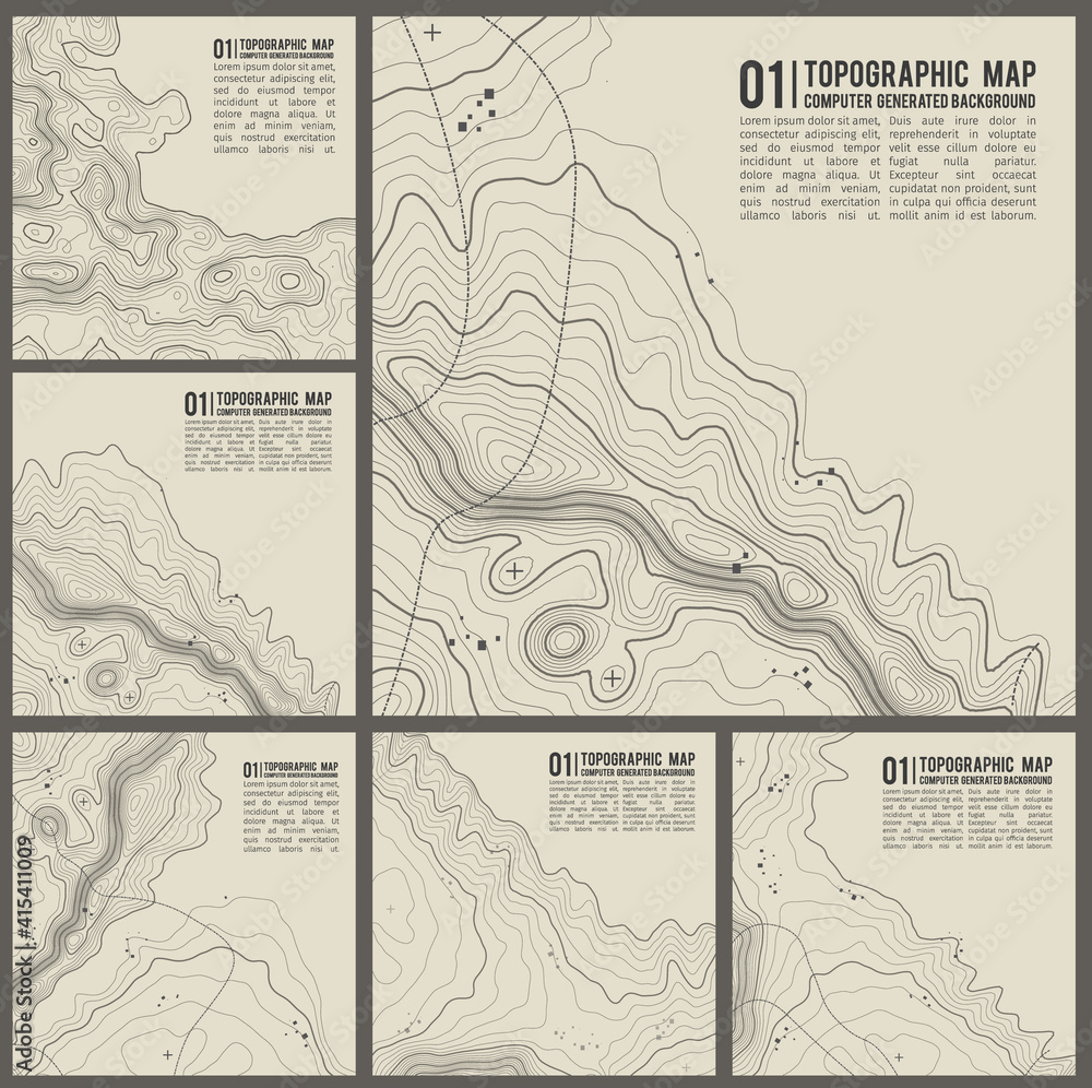 Poster topographic pattern texture vector set. grey contours vector topography. geographic mountain topogra