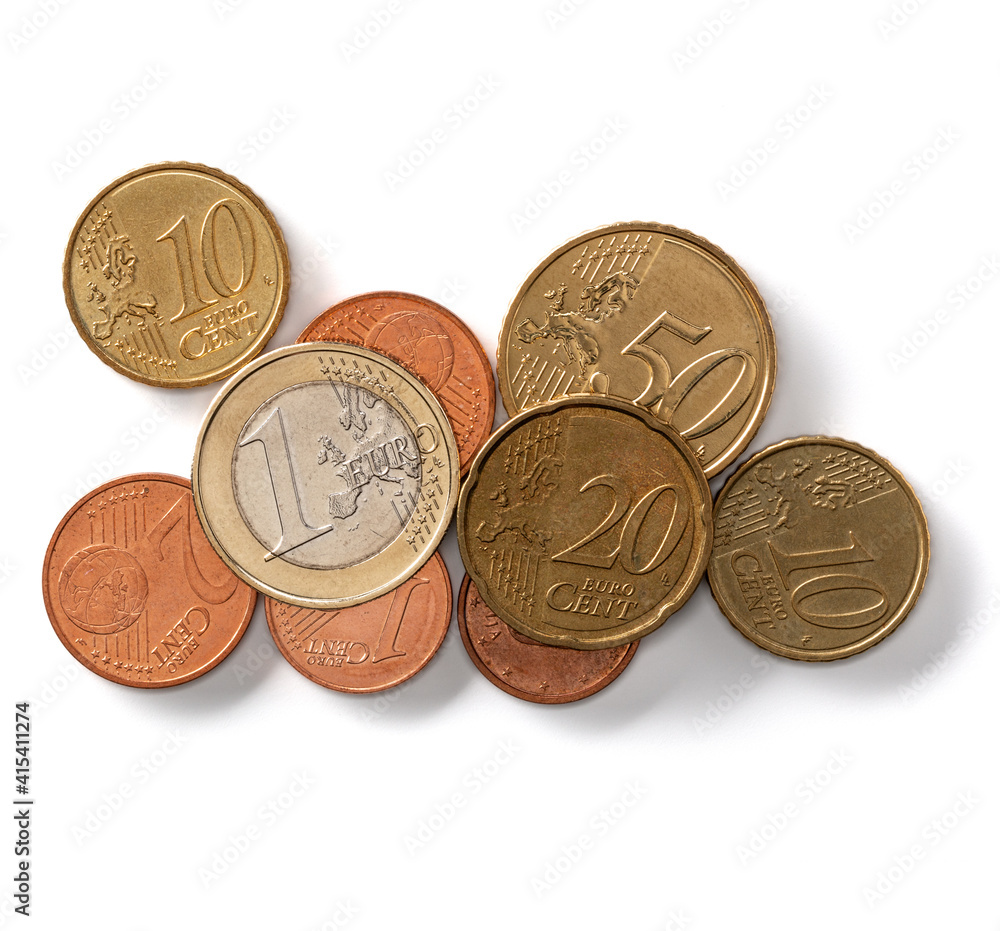 Wall mural Euro coins isolated on white background closeup. Money concept. Top view, flat lay.