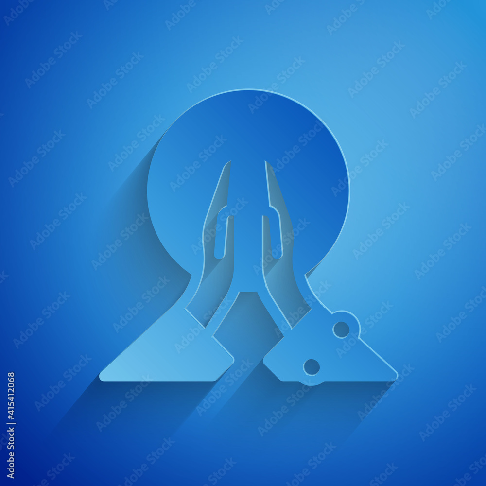 Sticker paper cut meditation icon isolated on blue background. paper art style. vector.