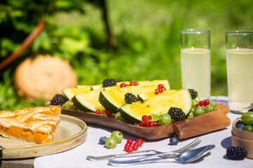 Outdoor summer lifestyle with a gourmet picnic laid out in a garden with berries, watermelon and yellow drink in stylish glasses