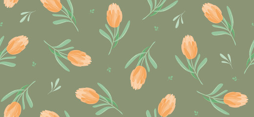 Summer vector seamless pattern. Tulips and leaves on green background. Spring orange flowers with stems on green cover. Trendy floral pattern for fabric, wrapping paper,  wedding, easter. Vector EPS10
